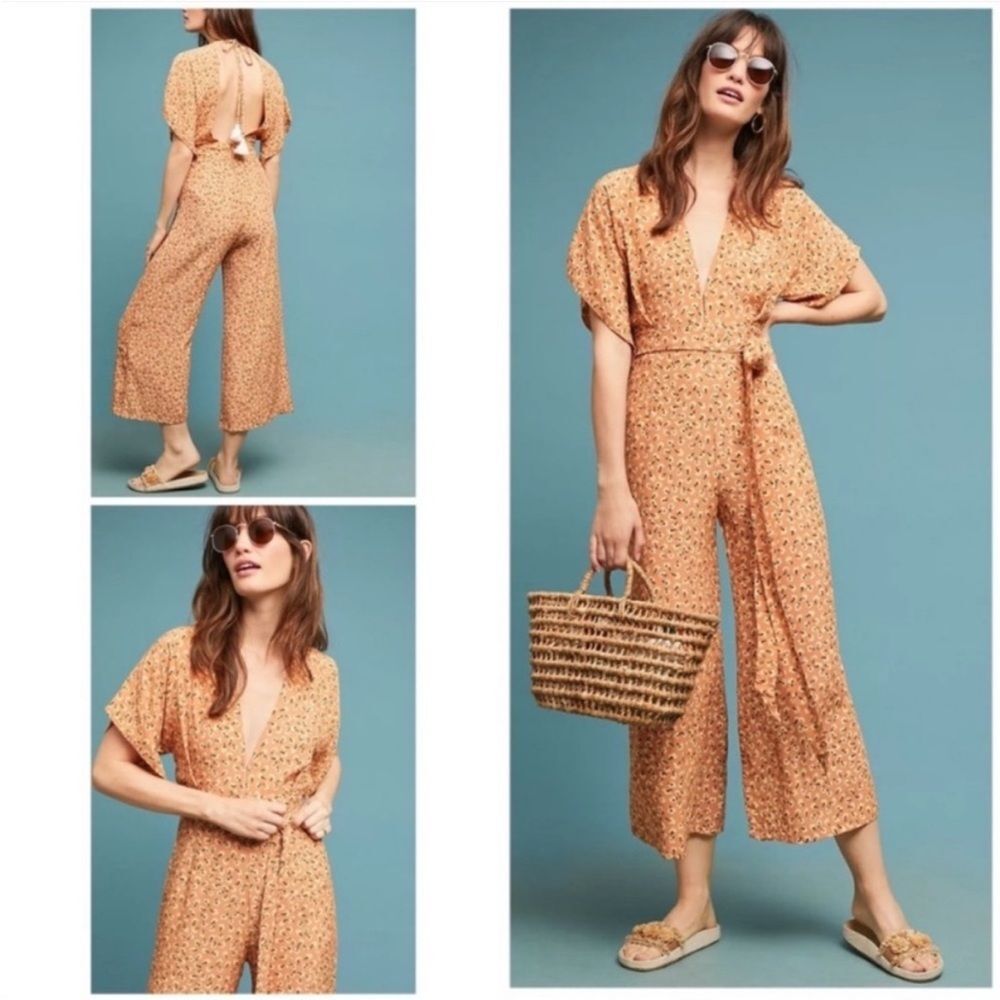 Faithfull The Brand Plunge Orange Floral Jumpsuit Boho Cottagecore Size 2‎